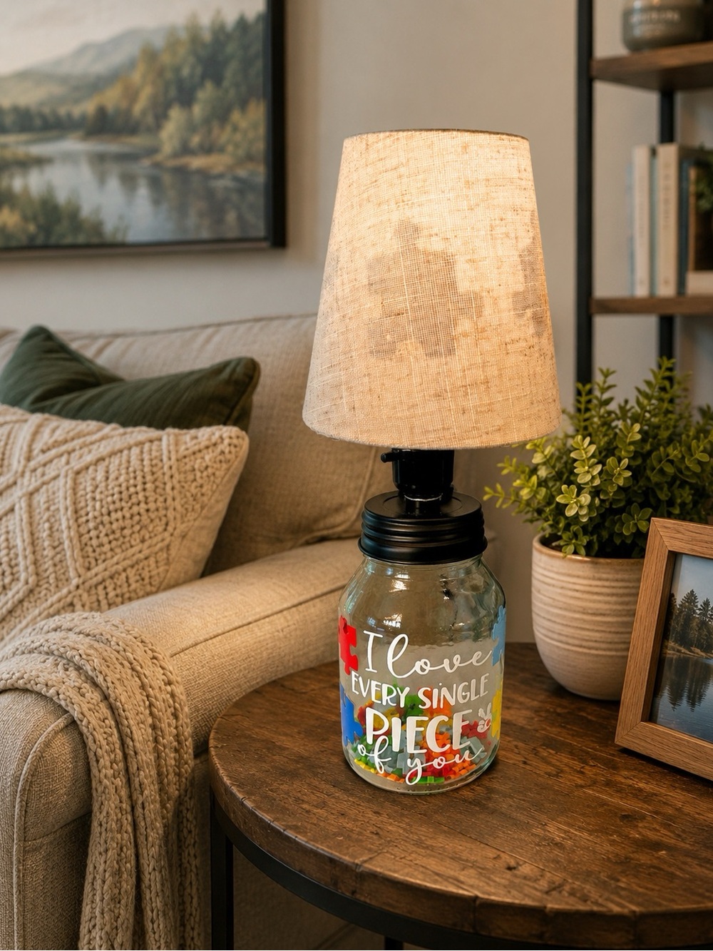 Glass Jar Lamp with Multicolor Puzzle Accents